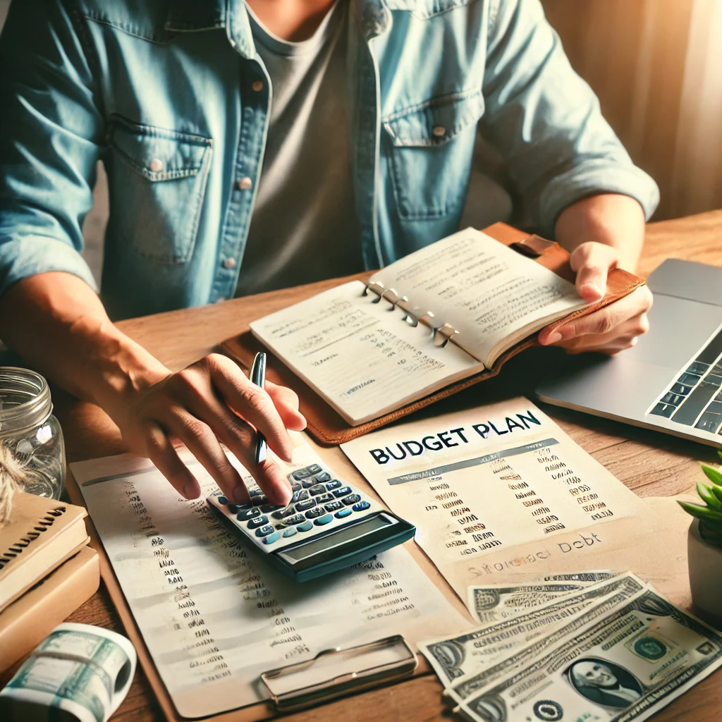 A person reviewing a budget plan with calculator and bills, symbolizing strategies to avoid falling into debt after a financial setback.