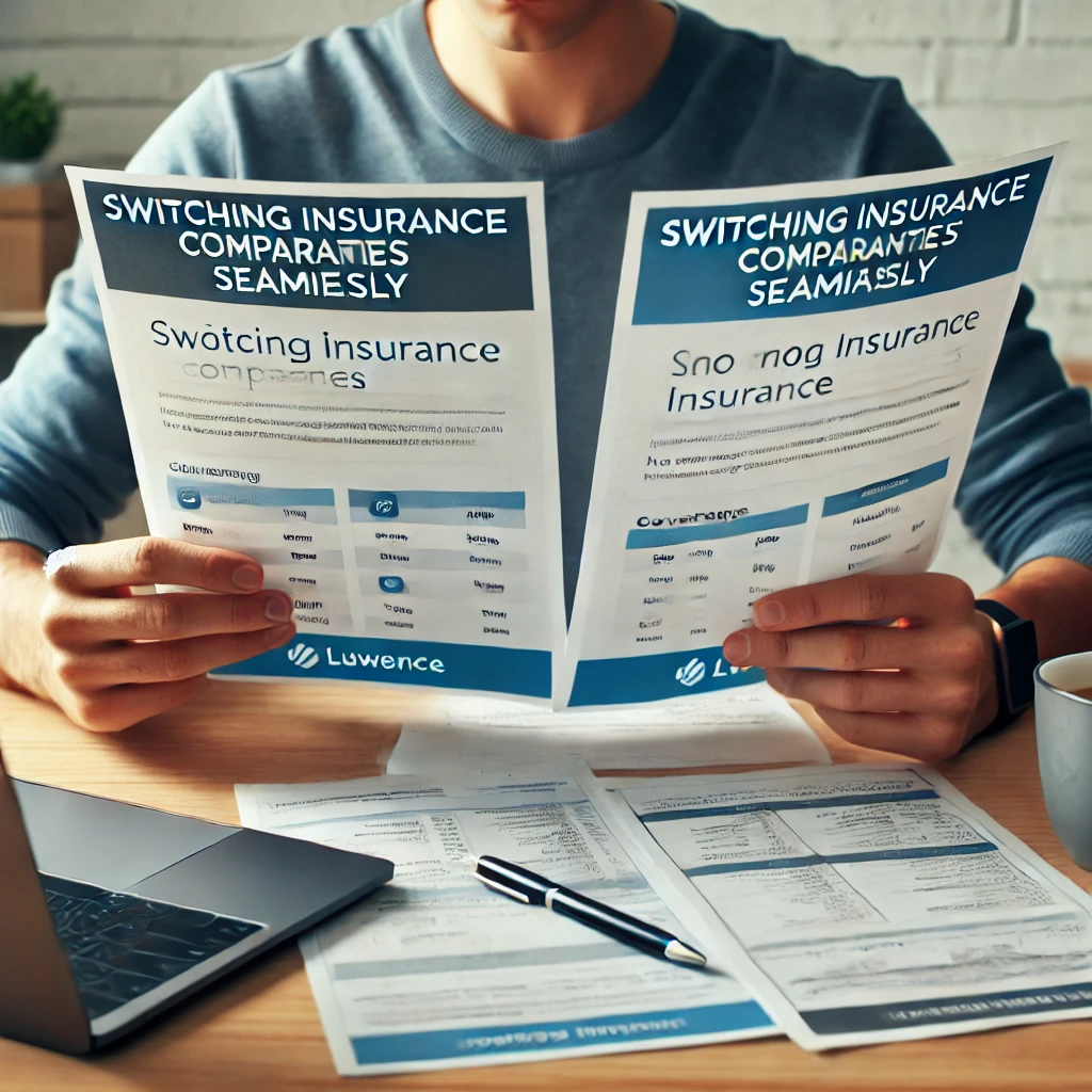 A person reviewing insurance documents while switching companies seamlessly, without losing coverage.