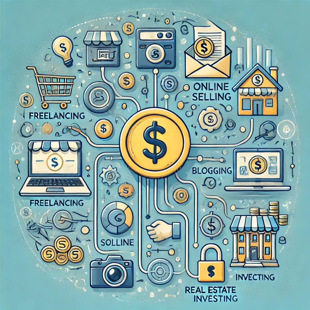 Illustration showing various side hustles that help build multiple streams of income, symbolizing financial freedom and diversification.