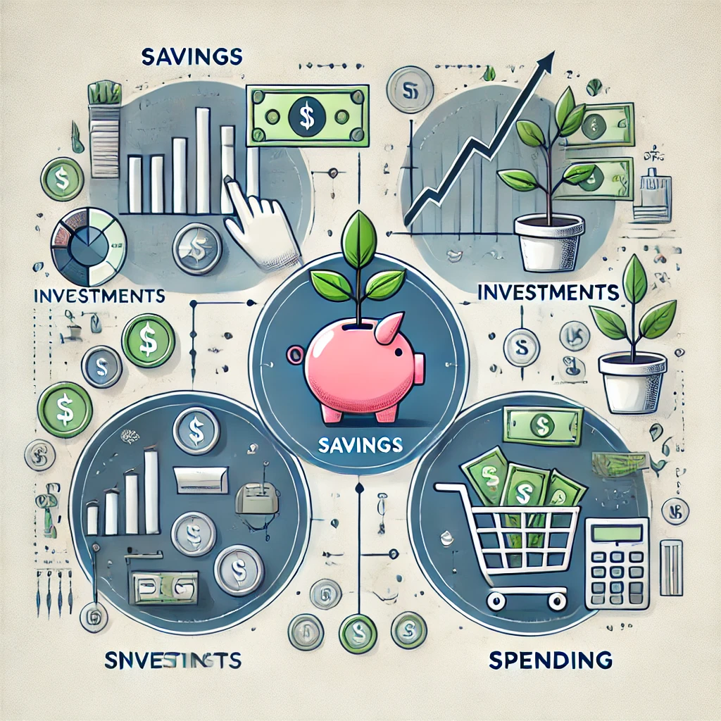 A visual representation of smart budgeting for financial independence, showing savings, investments, and spending categories.