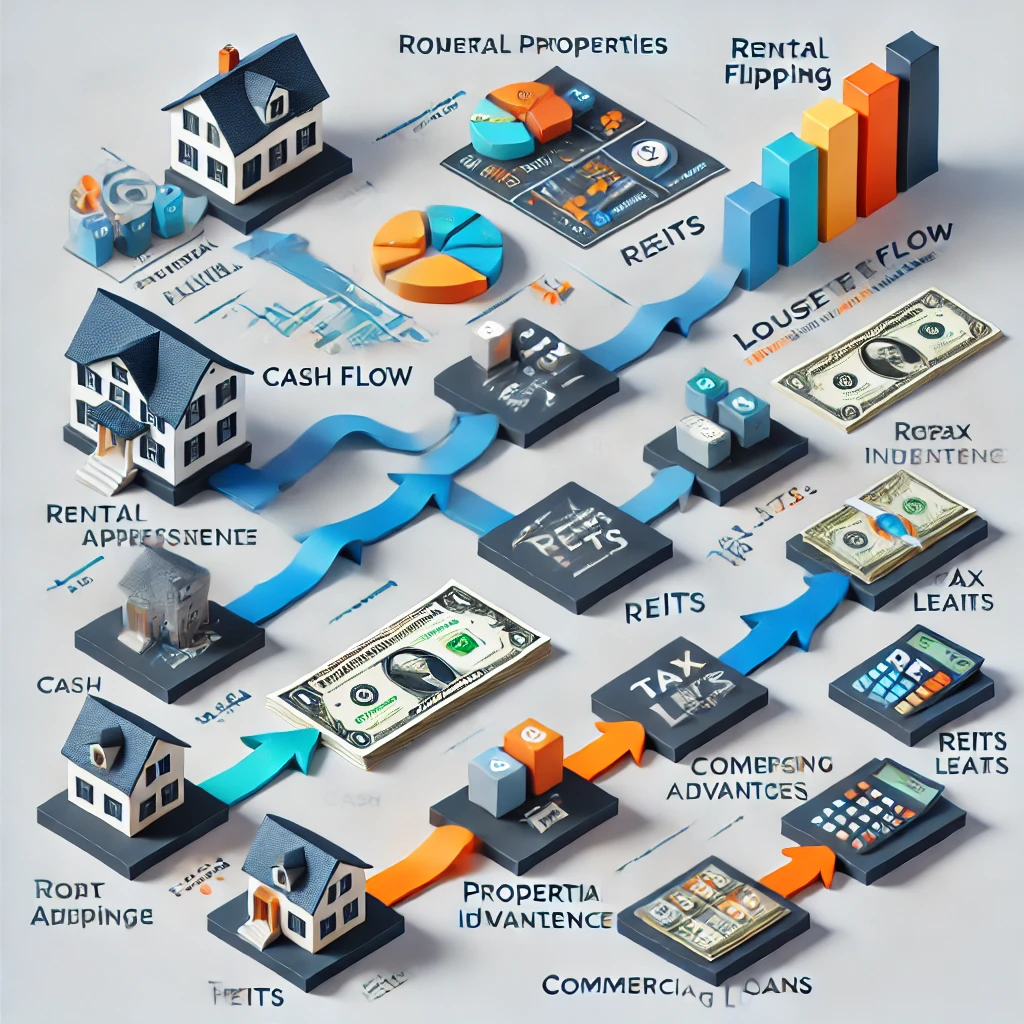 Achieving financial independence through real estate investments strategy chart.