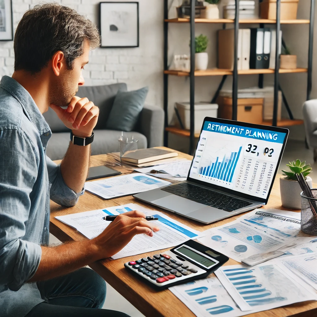 Self-employed individual setting up a retirement plan with financial documents and a laptop.