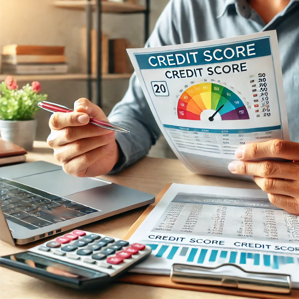 A person reviewing a financial plan with a credit score report to manage debt and improve their credit score.